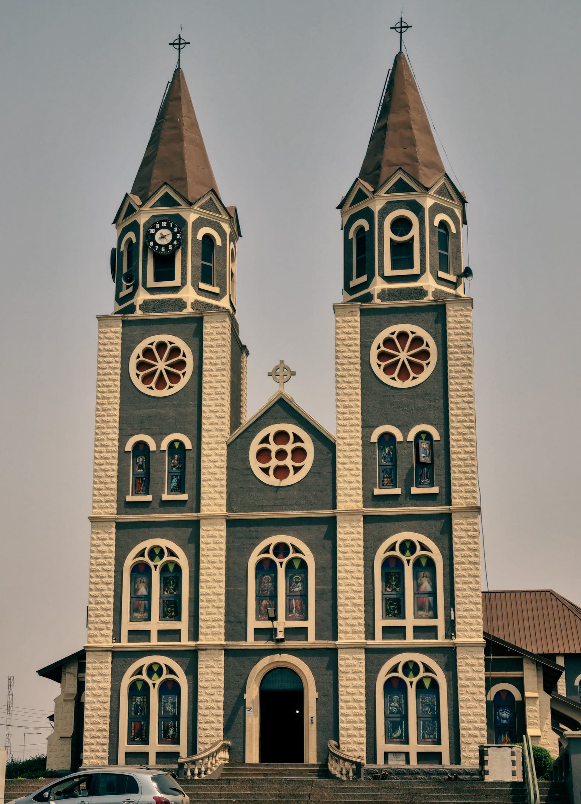 Grand historic church with twin towers and stained glass