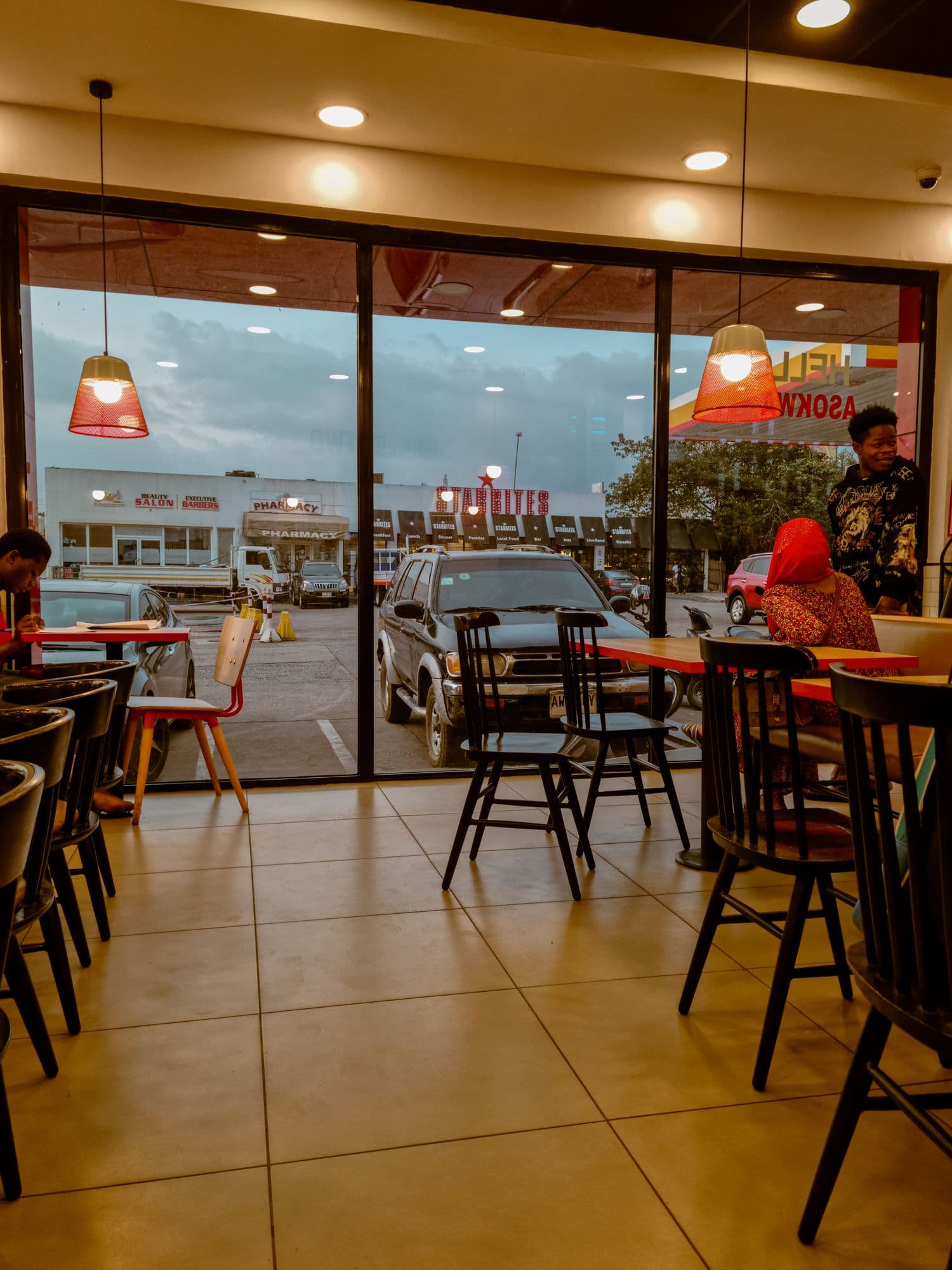 Cafe interior looking out at the street