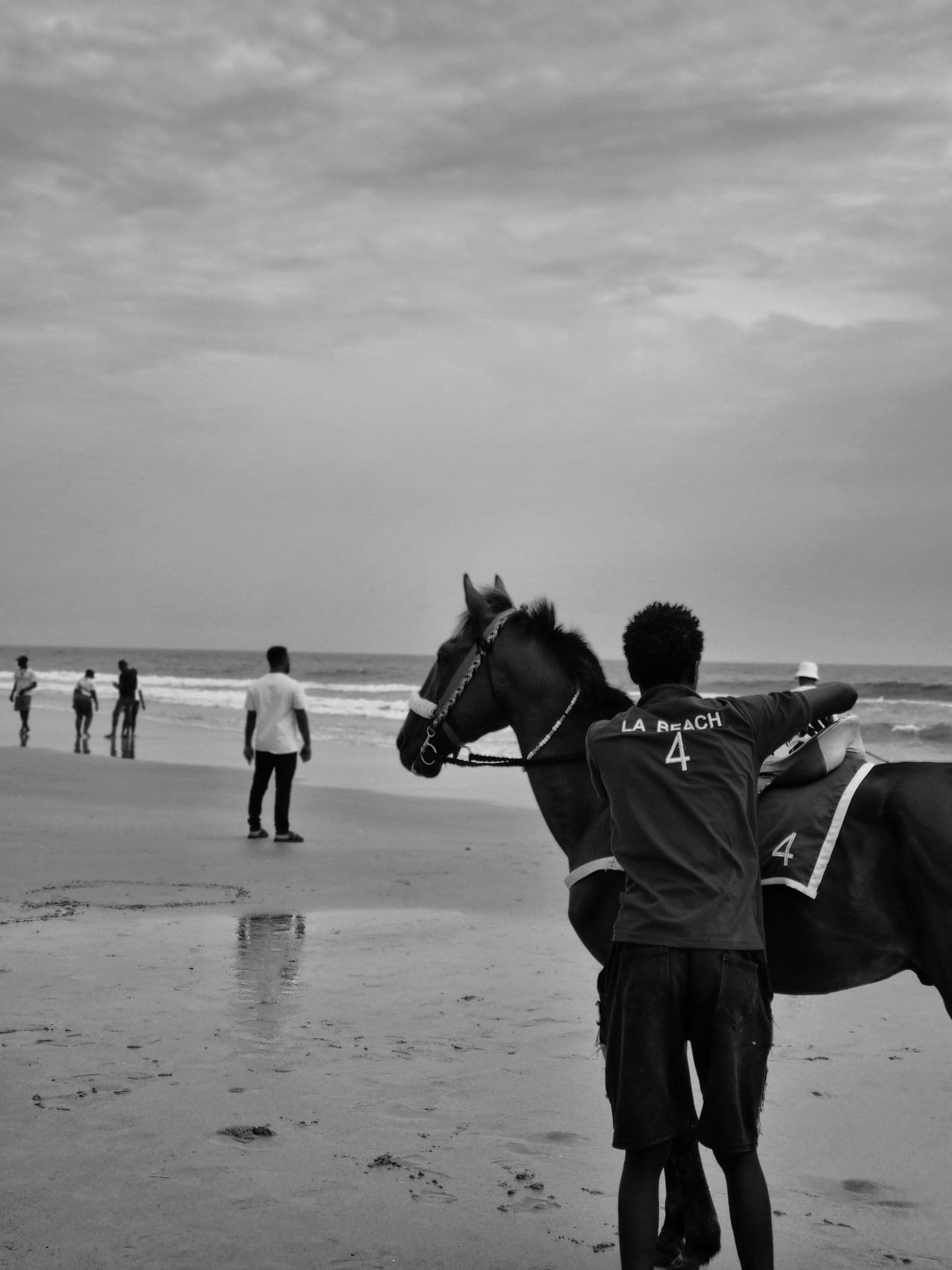 Man leading horse by the sea